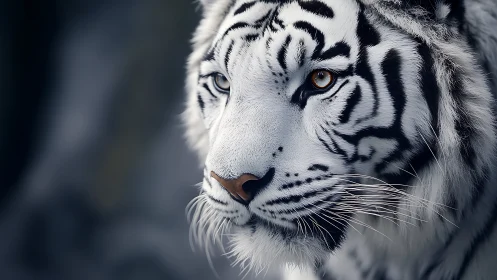 High-detail profile portrait of white tiger with amber eyes