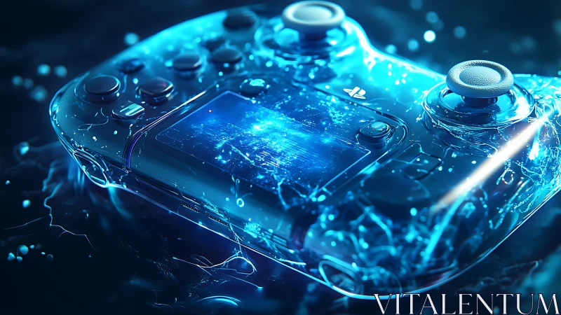 Transparent blue gaming controller with digital light effects.