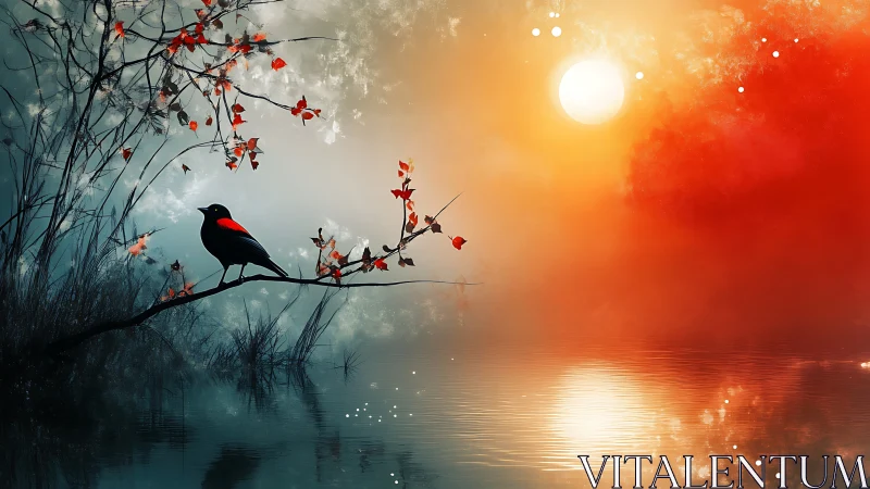 Backlit songbird silhouette over misty bicolor lakeside dawn