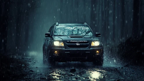 Off-road SUV advances through rain-soaked forest track at night