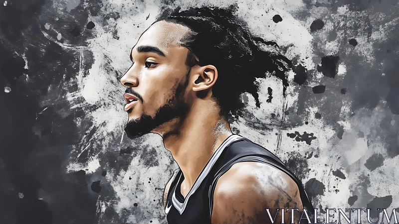 Focused basketball portrait against bold ink-splash sky.