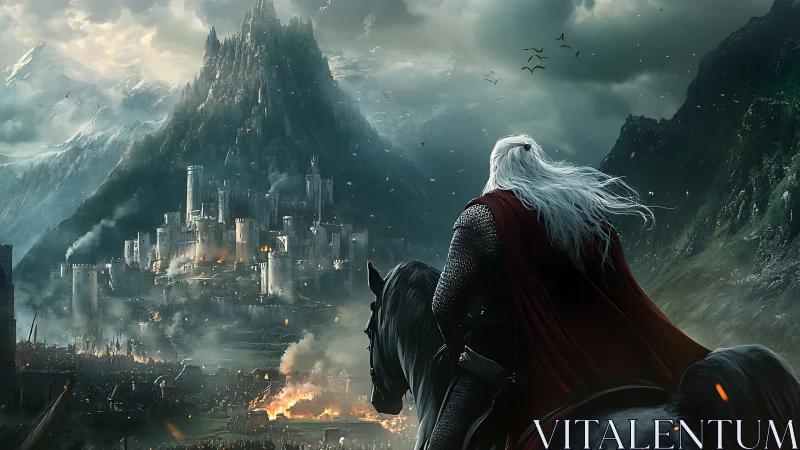 Armored rider surveys fortified mountain city under attack