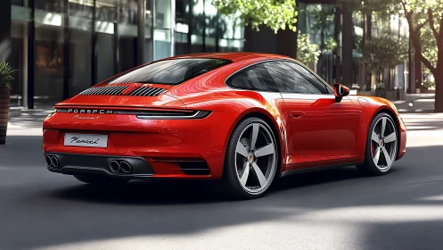 Photorealistic rear three-quarter render of red sports coupe.