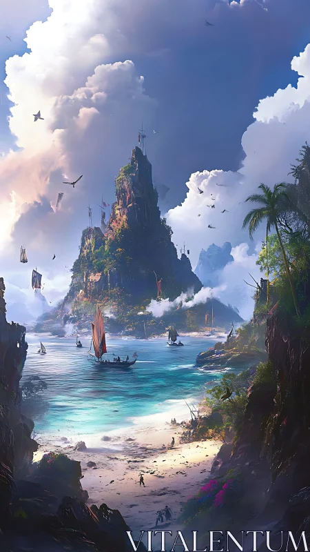 Tropical Lagoon Paradise: Towering Rock Formation with Sky-Bound Vessels