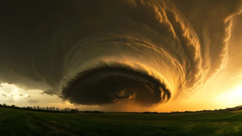 Storm-sculpted sky swirls above glowing sunset fields