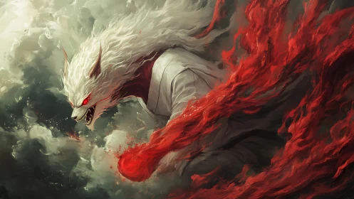 White demon wolf unleashes burning crimson energy storm.