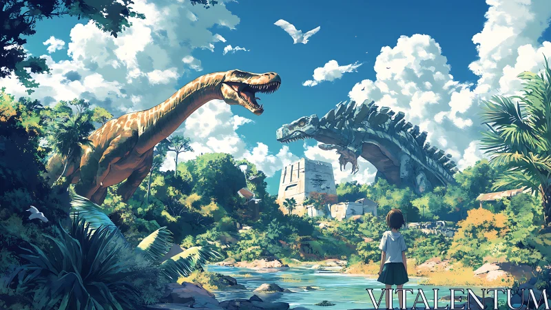 Child observing dinosaurs in lush tropical valley scene.