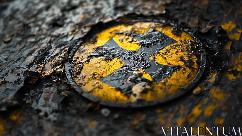 Weathered yellow hazard emblem under corroded metal debris.