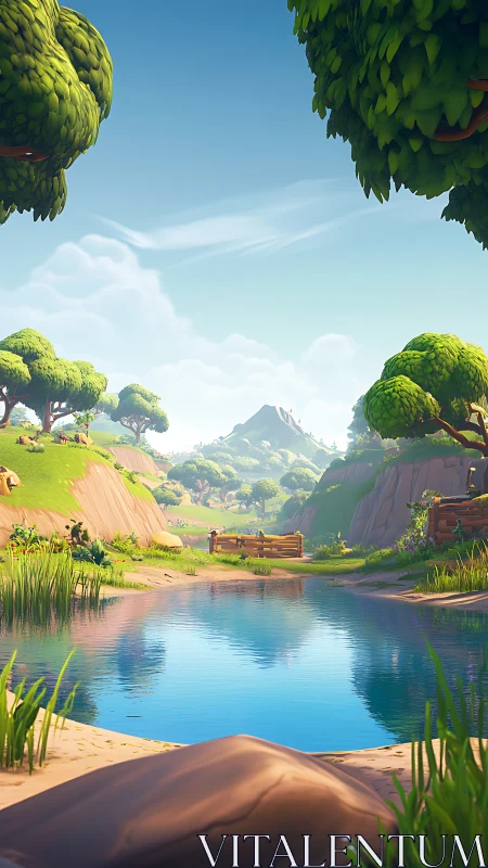 Sunlit cartoon valley pond reflects lush green hills.