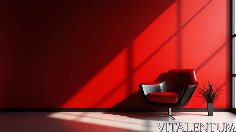 Red minimal lounge interior with modern accent chair