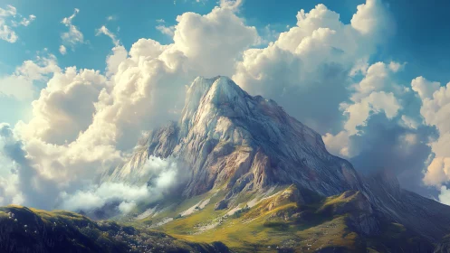 Atmospheric stratocumulus encircling a sunlit alpine monolith.