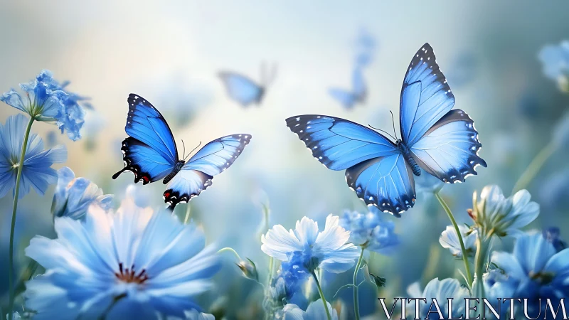Blue butterflies hovering over soft-focus wildflower meadow.