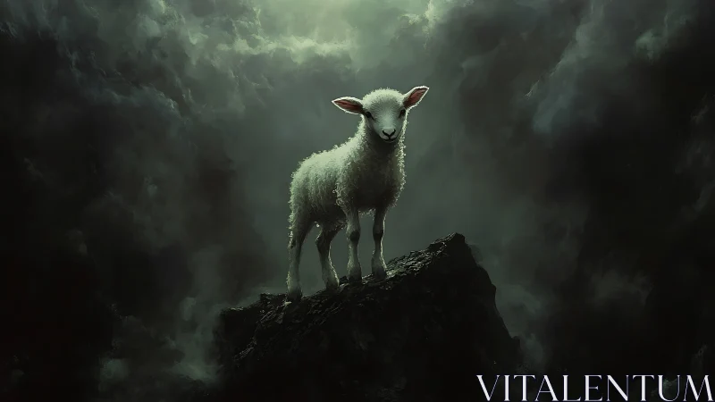 Young lamb standing on dark rocky peak under clouds.