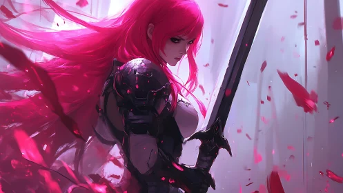 Digital painting of crimson-haired armored swordswoman poised.