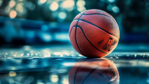 Glow-lit basketball resting on wet court after rainfall.