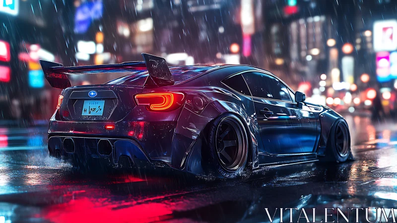 Neon‑slicked tuner coupe hunts highways in rainy night city.