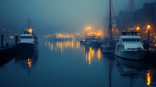 Foggy harbor with docked boats and warm streetlights at night.