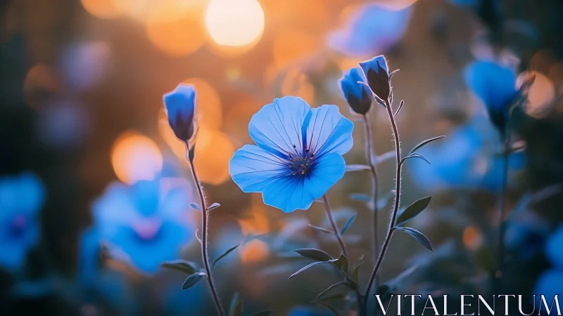 Blue Flax Flowers Bloom Against Golden Bokeh Backdrop.