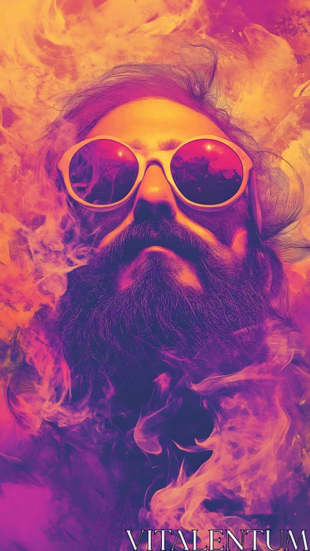Psychedelic bearded portrait in neon magenta smoke glow.