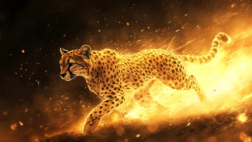 Cheetah in Motion Surrounded by Golden Fire Effect