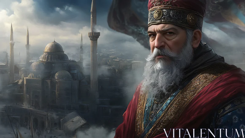 Imperial sultan overlooks misty domed city at dawn.