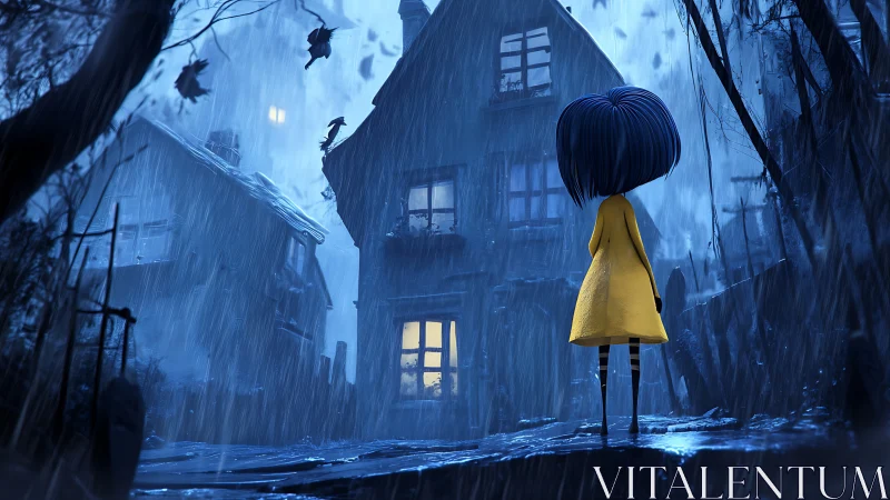 Stylized 3D rainy-night character study before warped house.