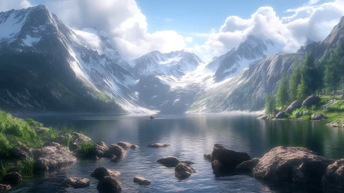 Snowcapped mountains embrace a tranquil alpine lake scene.