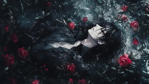 Male figure in dark water surrounded by scattered red roses.