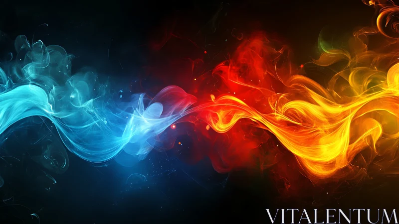 Flowing Light Waves: Blue, Red, and Gold Energy.