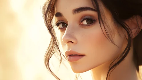 Softly lit digital portrait shows serene, freckled gaze.