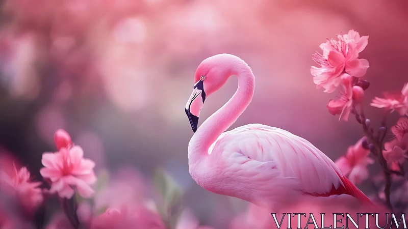 Pink flamingo portrait in dreamy cherry blossom bokeh field.