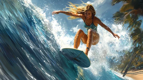 Surfer riding powerful blue wave near tropical beach.