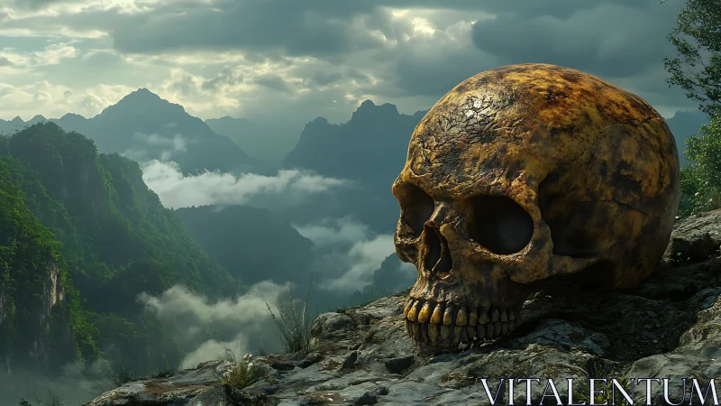 Colossal weathered skull on misty mountain cliff at dusk