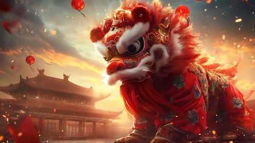Fiery lunar lion dance before imperial palace at dusk.