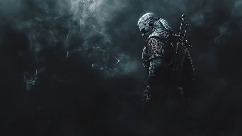 Digital painting of lone armored swordsman in smoky void focus.