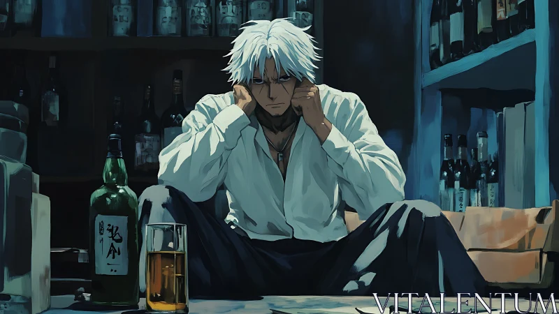 Brooding white-haired man in dim bar, moody cel-shading.