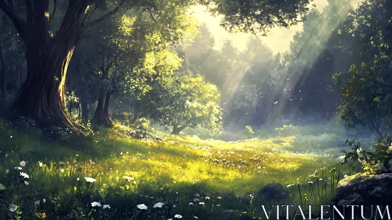 Sunlit forest clearing renders atmospheric depth and glow