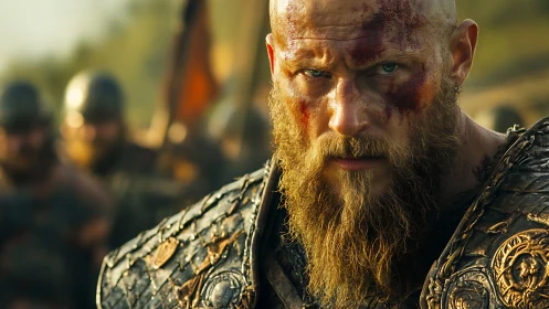 Battle-hardened Viking warrior stares forward with fierce resolve