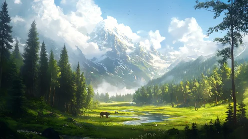 Sunlit alpine valley surrounds grazing deer beneath peaks