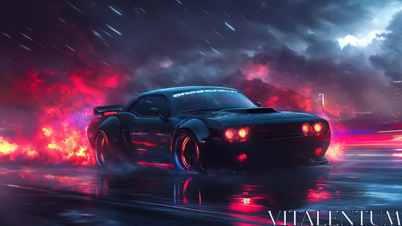 Night street racer glowing through neon storm clouds.