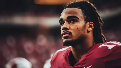 Focused American football player in red uniform portrait.