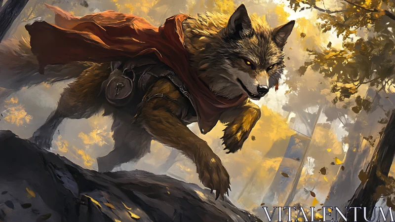 Armored wolf rogue charging through golden autumn forest.