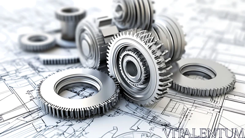 Mechanical Symphony: Gears Spinning Tales on Technical Blueprint Canvas.