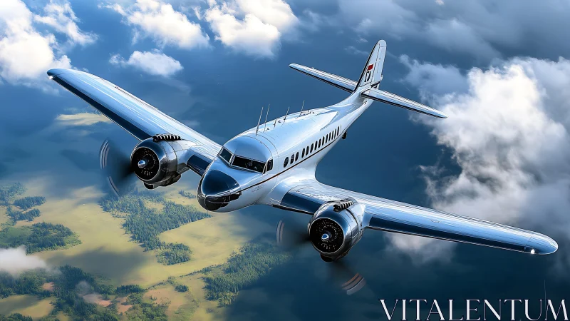 Vintage twin engine airliner cruises above clouds in daylight