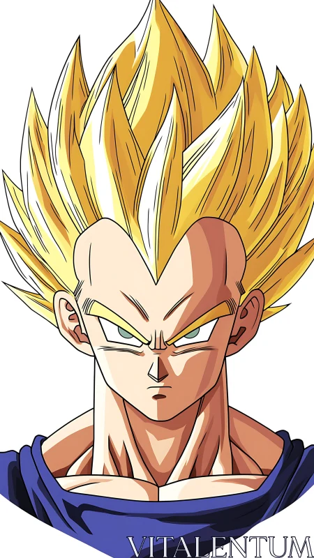 Golden‑haired warrior glare with gravity‑defying fury.