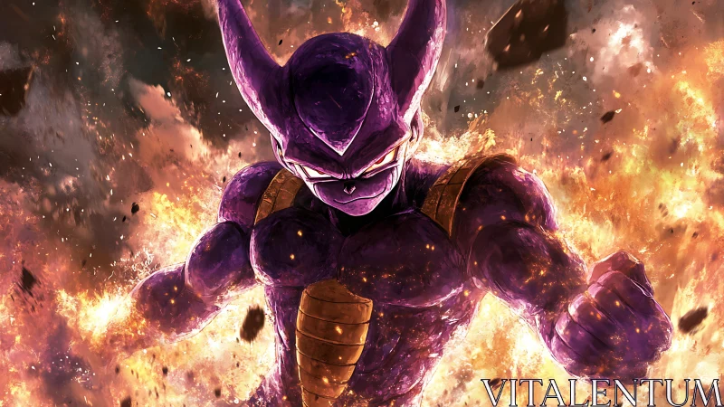 Infernal purple warrior strides through a storm of fire.