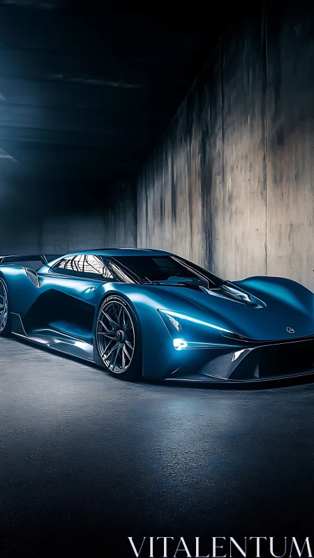 Blue futuristic supercar parked in a dark tunnel space.