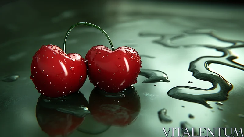 Two heart shaped cherries rest on a wet reflective surface