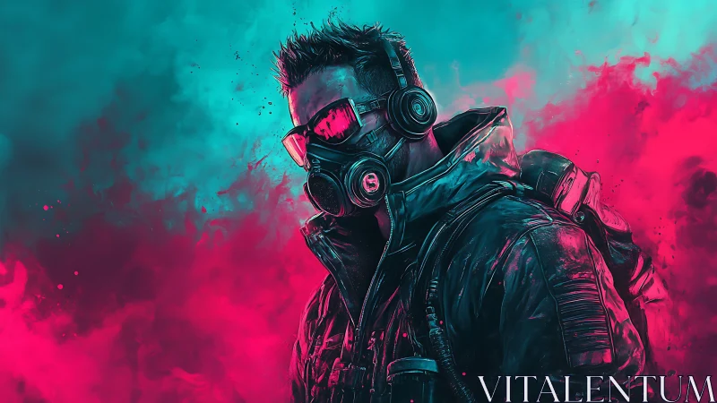 Neon stormwalker strides through cyan fumes and magenta haze