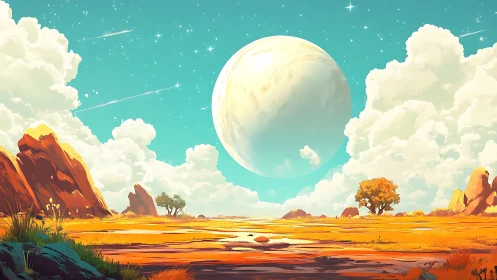 Distant planet above dry plain with clouds and rock formations.